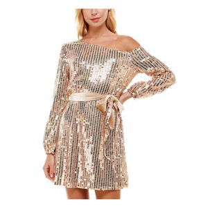 TRIXXI Womens Beige Tie Long Sleeve Short Party Shift Dress 11